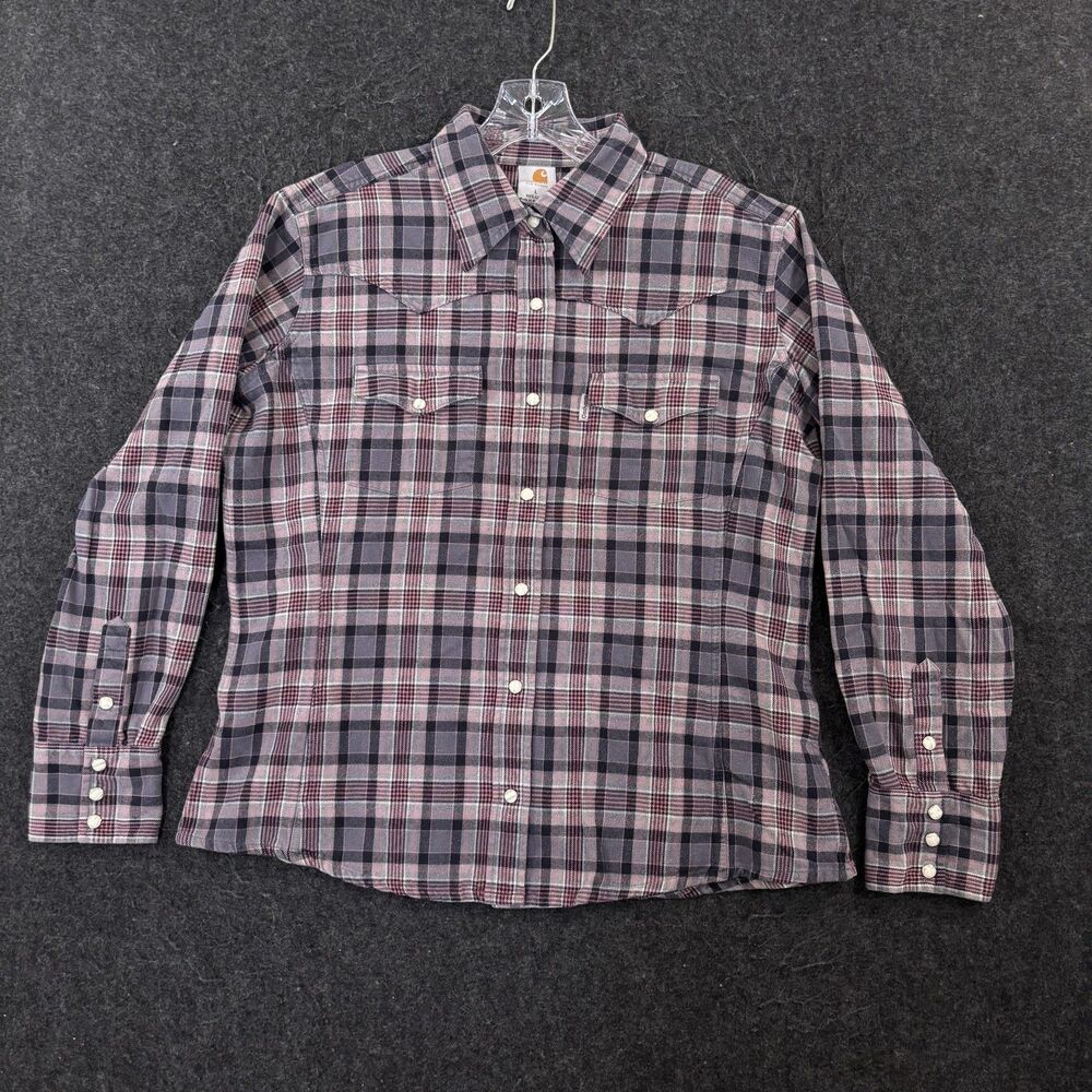 Carhartt Shirt Women's Large Gray Pink Plaid Flannel Snap Button Western Cowgirl
